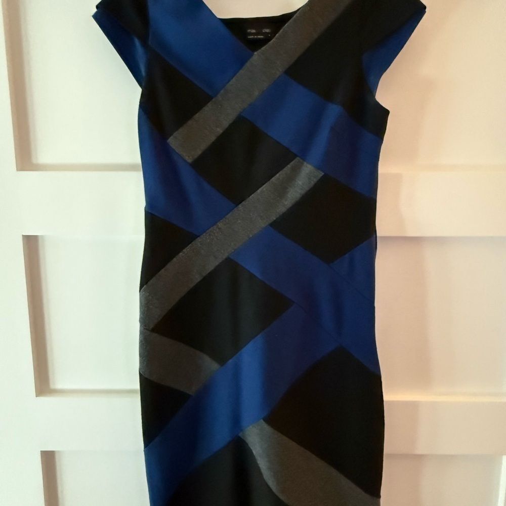Max and Cleo criss cross navy black and gray overlay dress